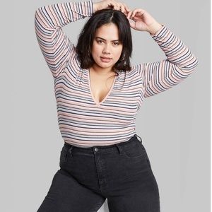 Wild Fable Striped Long Sleeve V-Neck Bodysuit